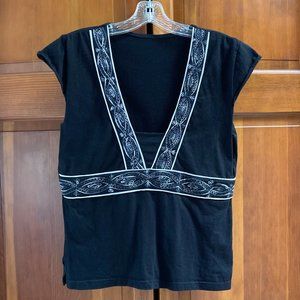 Black and white cap sleeve shirt with embroidery - cotton - Size Medium